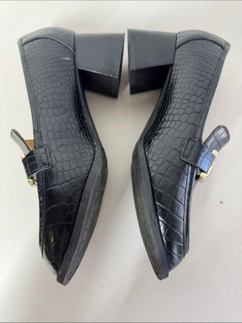 Adrienne Vittadini Croc Embossed Loafers Black 7.5 Gold Bit Classic Chic Preppy